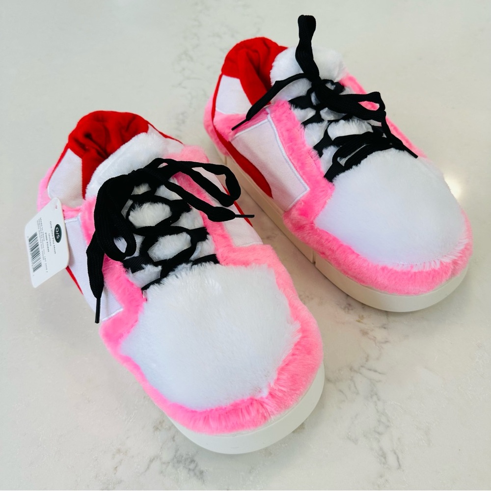 Kids Fuzzy Pink, Red and White Hard Bottom Sneaker Slippers